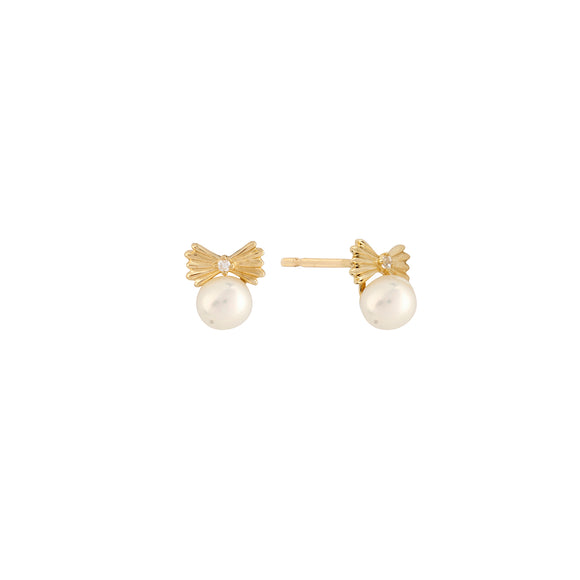 9ct gold freshwater pearl bow stud earrings with sparkling cubic zirconia detail