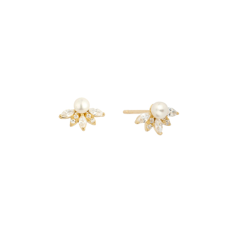 9ct Gold Freshwater Pearl + Crystal Stud Earrings