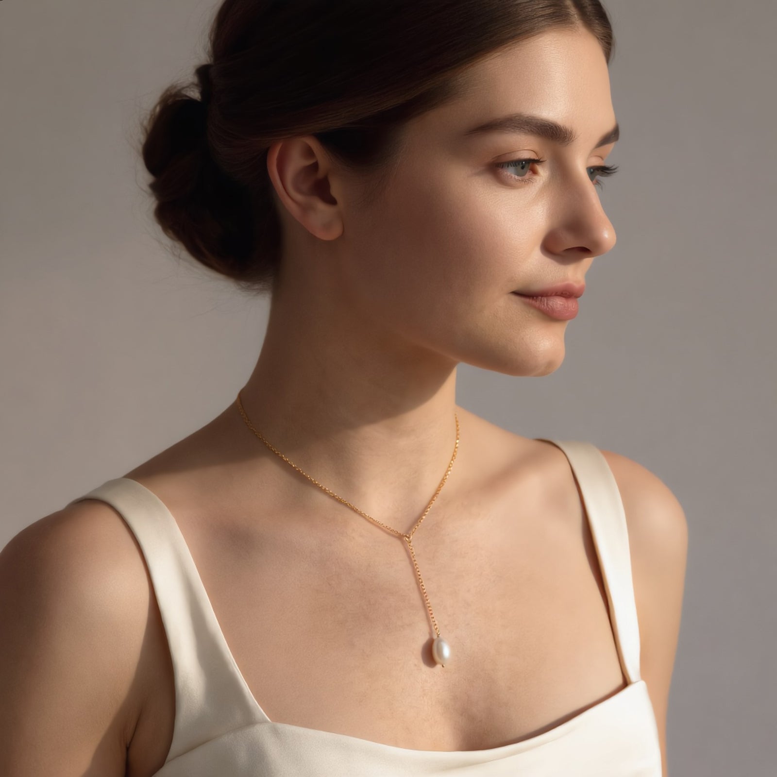 Bride wearing the athena pearl necklace in a simple gown