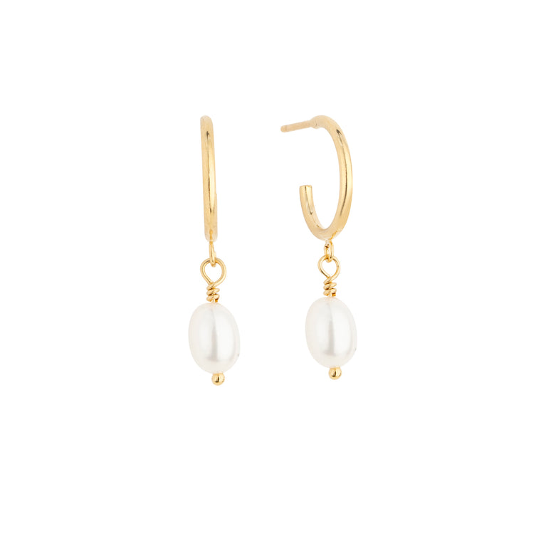 freshwater pearl hoop earrings in gold filled with an oval pearl 