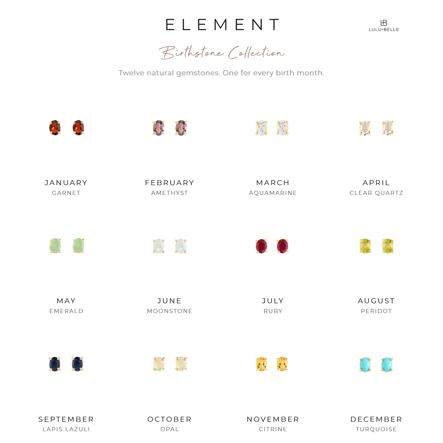 a graphic showing the birthstones by month in the new element birthstone collection. 
