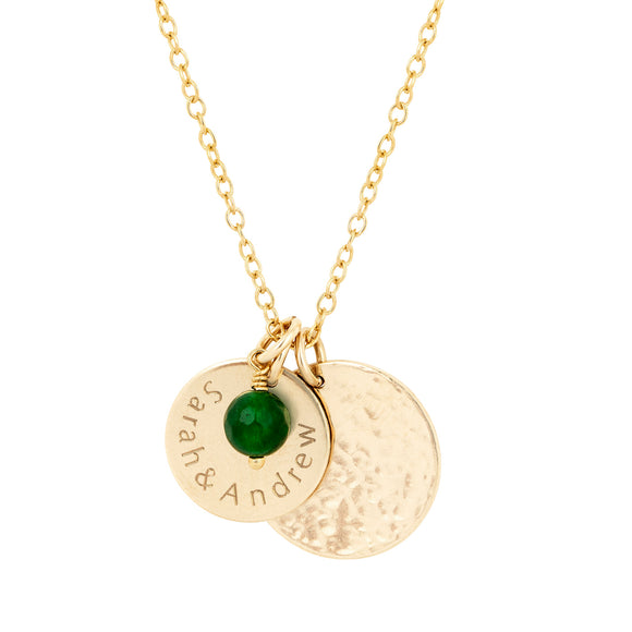 gold personalised necklace with double disc and birthstone product shot 
