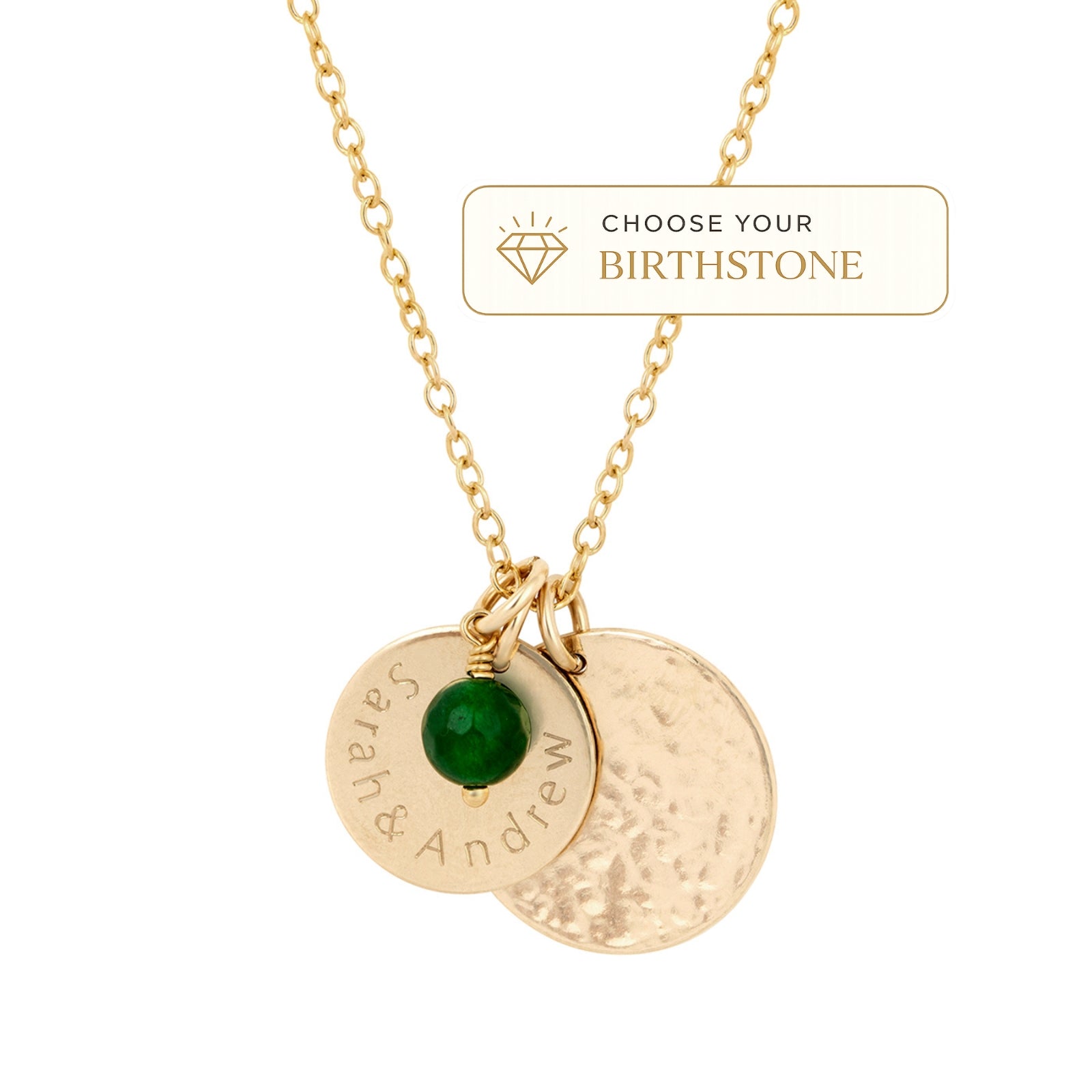 gold personalised necklace with double disc and birthstone product shot 