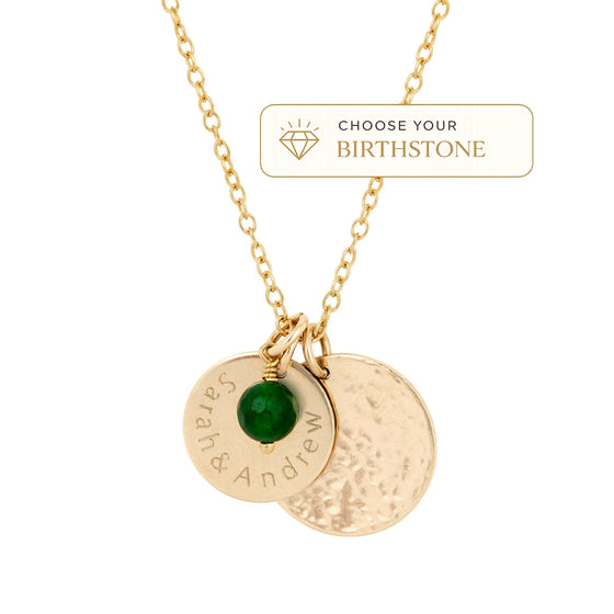 gold personalised necklace with double disc and birthstone product shot 