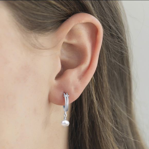 June Birthstone Hoop Earrings Silver - Pearl