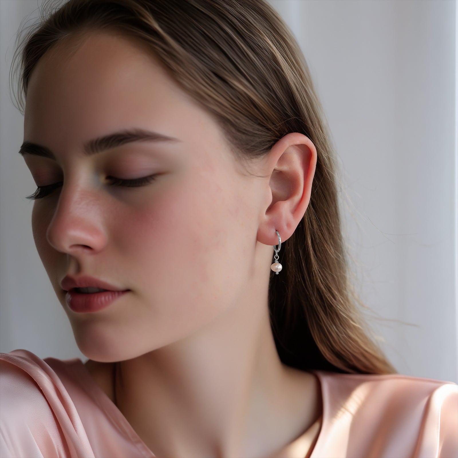kate freshwater pearl hoop earring on a model 