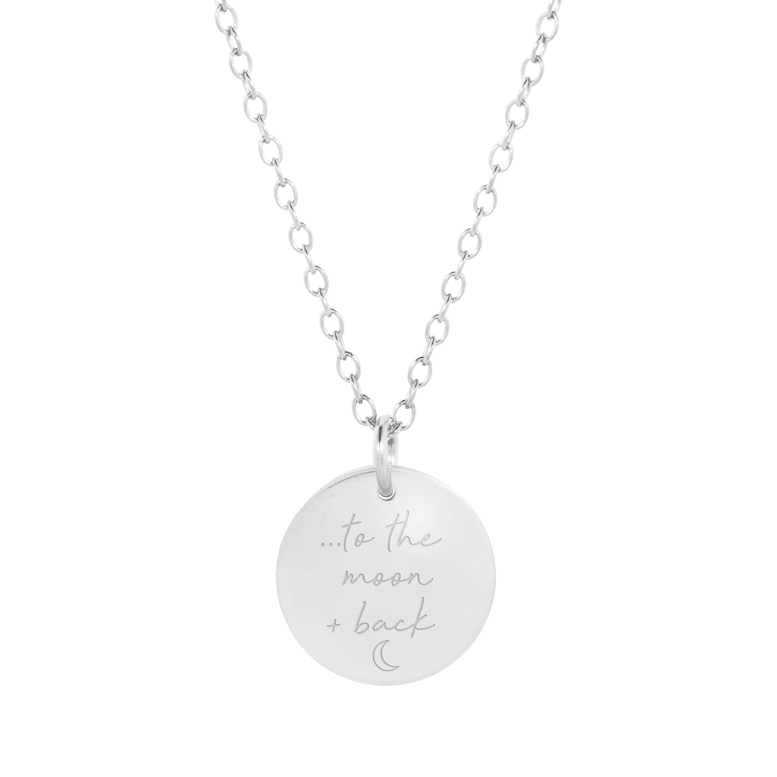 a product photo of the to the moon and back engraved necklace in sterling silver 