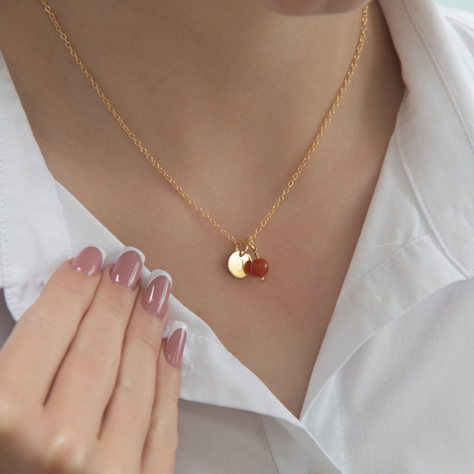 dainty gold initial necklace with birthstone 
