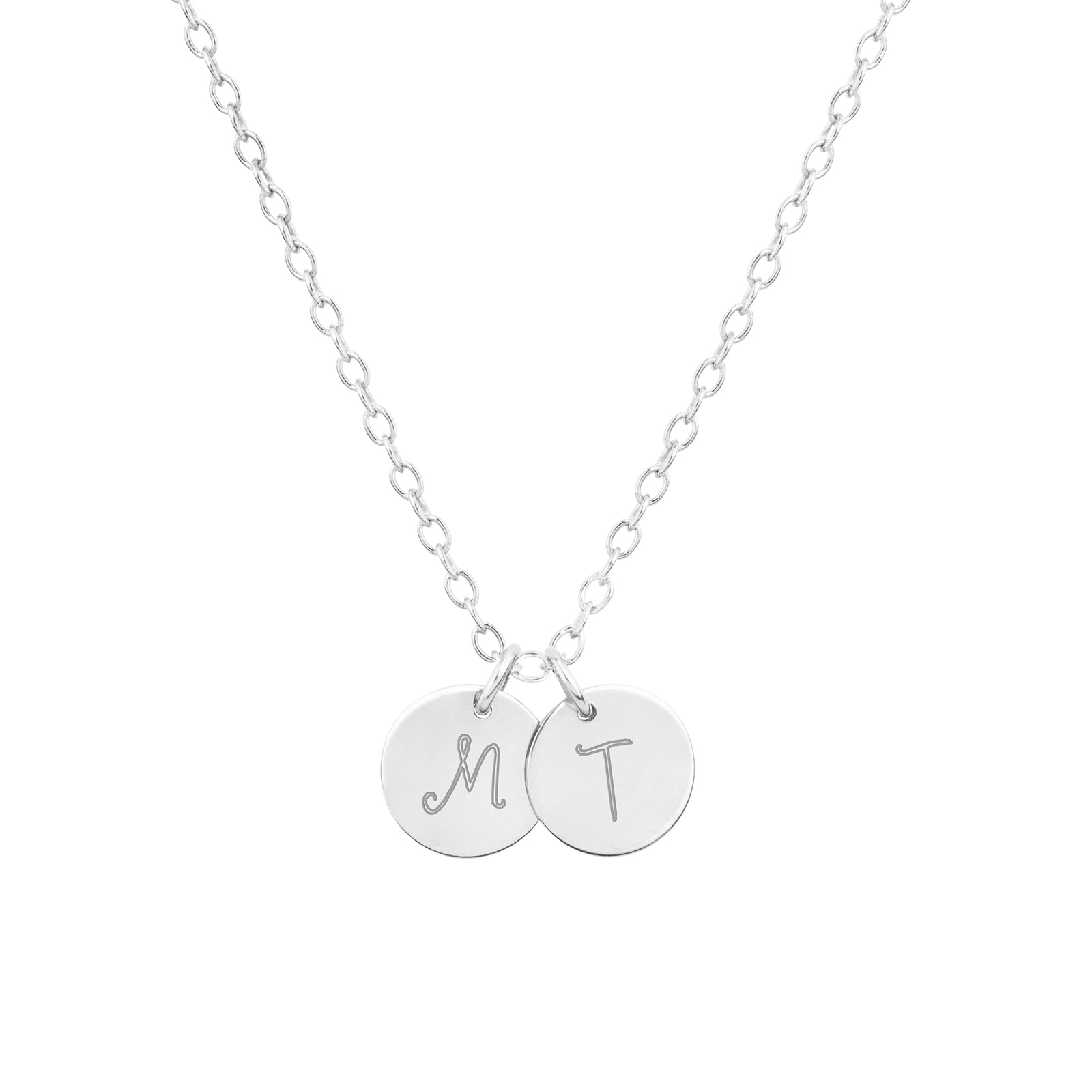 dainty sterling silver initial necklace in script with two discs product shot