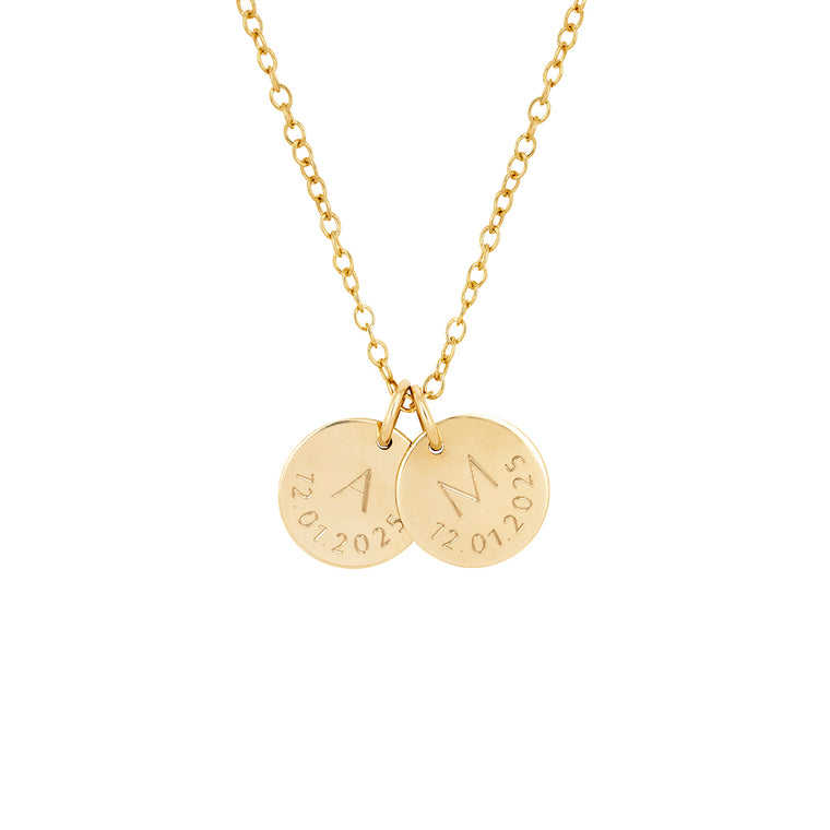 engraved gold date and initial necklace 