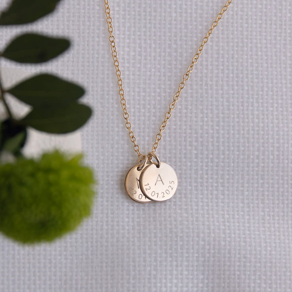 engraved gold date and initial necklace 