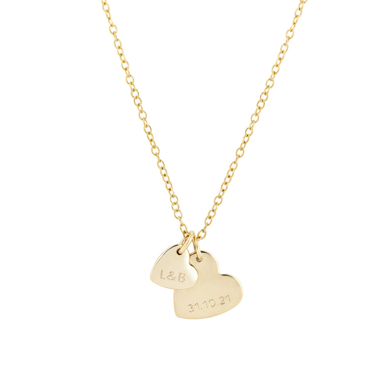engraved gold double heart necklace with initial gold