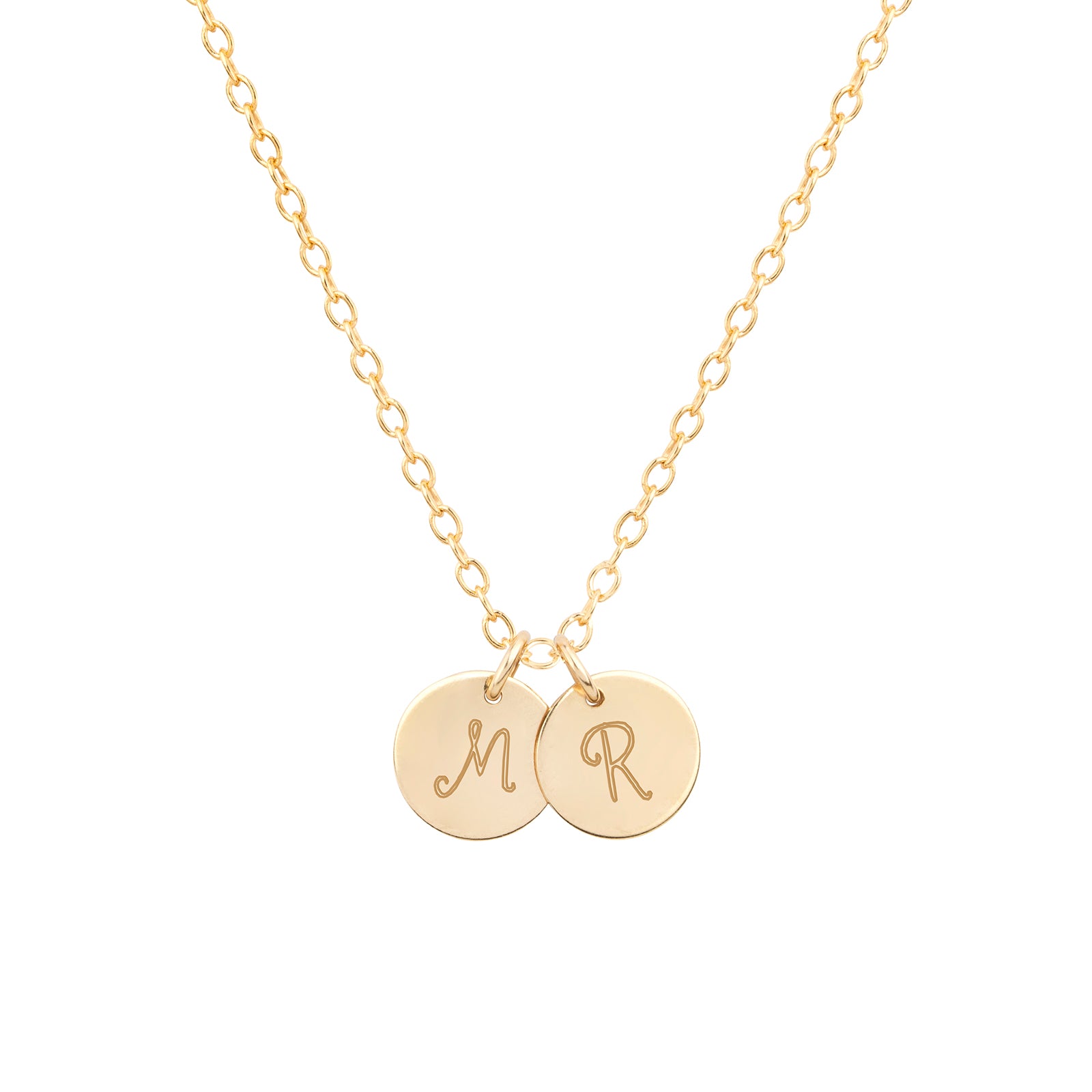 dainty gold initial necklace with multiple discs in script font product shot 