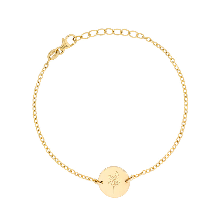 gold birth flower bracelet for december - holly