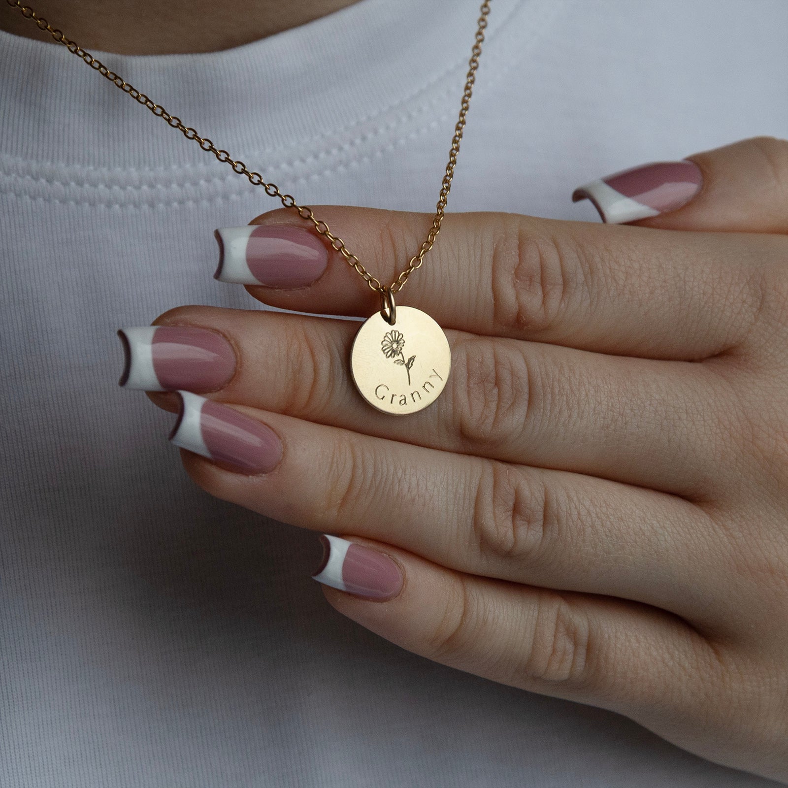 personalised necklace for grandmother from front on a models hand