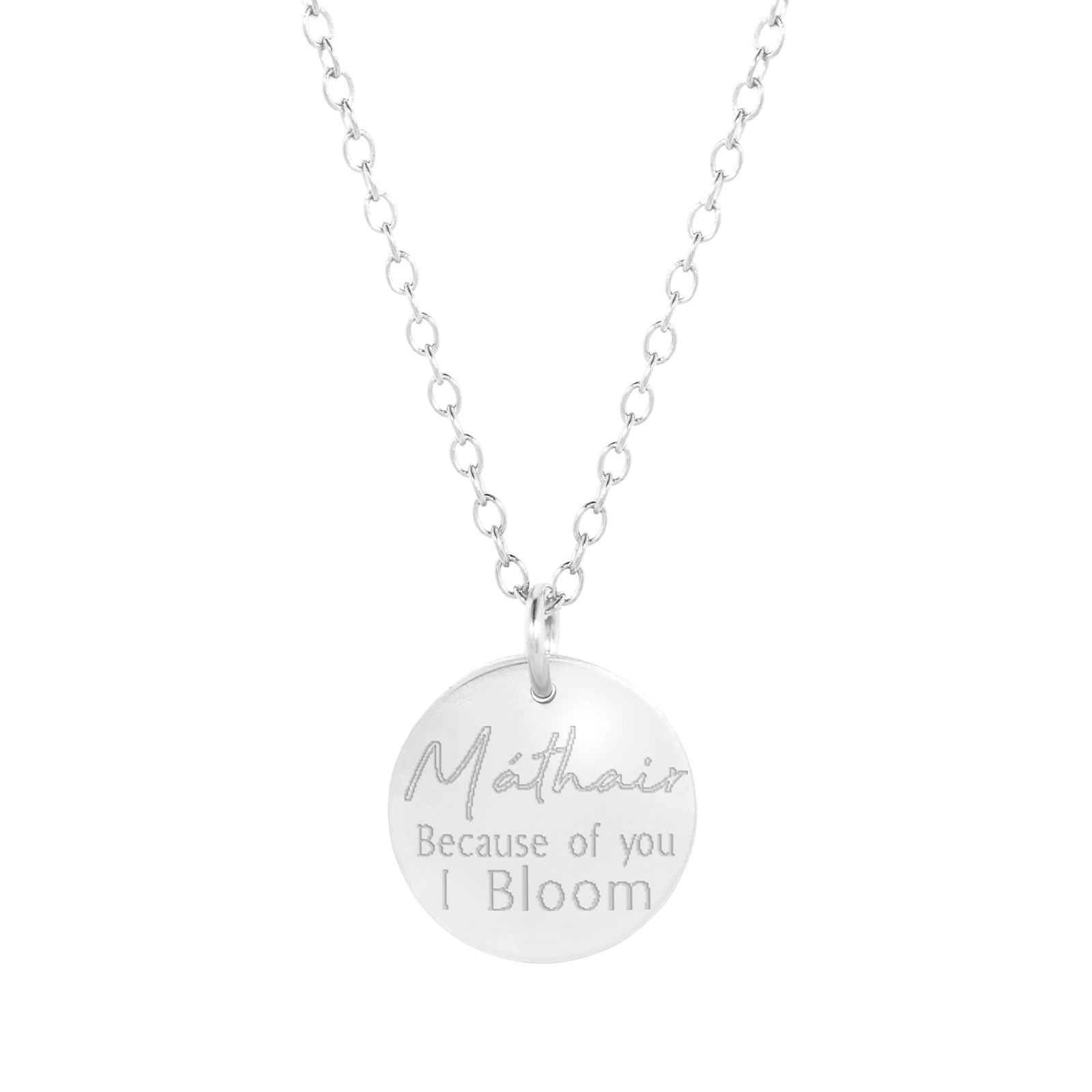 Back view of the Máthair Bloom Necklace in sterling silver, engraved with the word “Máthair”, the Irish word for mother.
