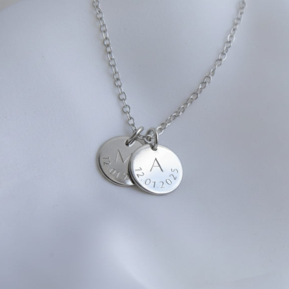 engraved silver date and initial necklace lulu and belle 