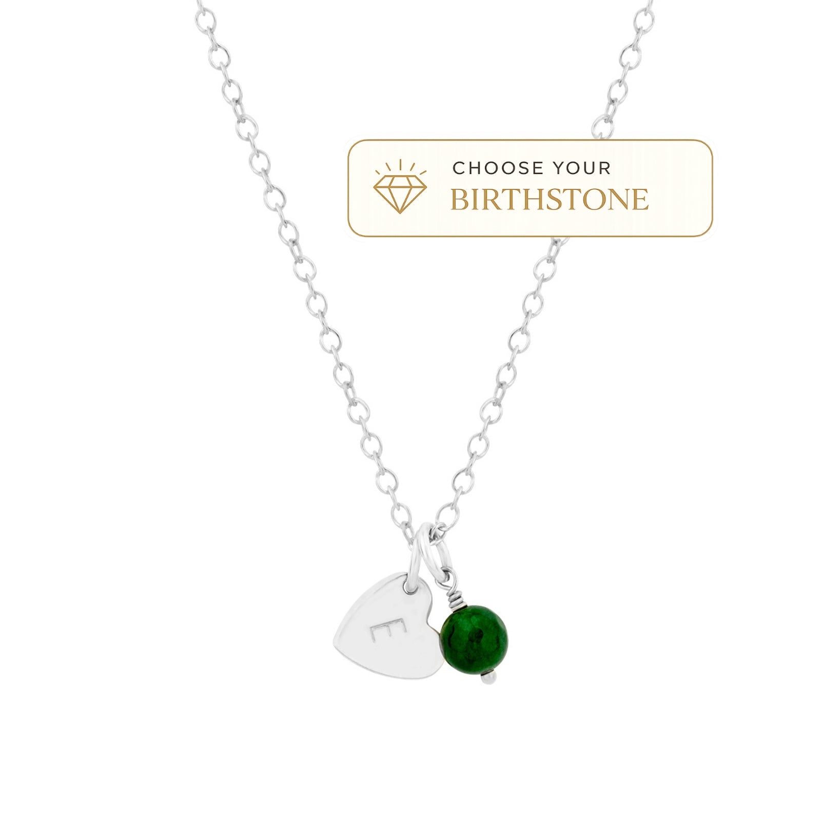 silver heart necklace with initial and birthstone 