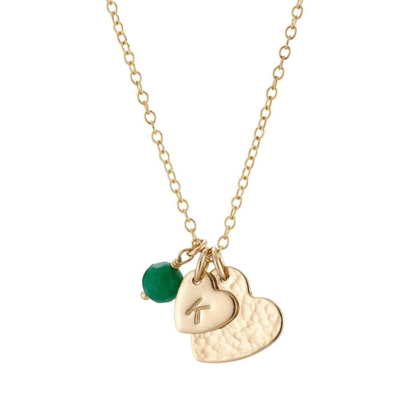 Gold double heart necklace with initial birthstone Lulu Belle Jewellery