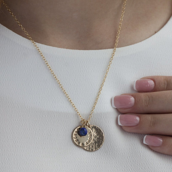 Gold Personalised Necklace with Double Disc + Birthstone - Lulu + Belle Jewellery